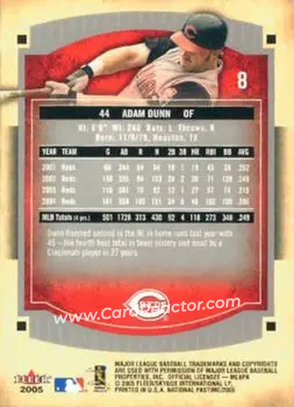 2005 Fleer National Pastime #8 - Adam Dunn - Cincinnati Reds - Back