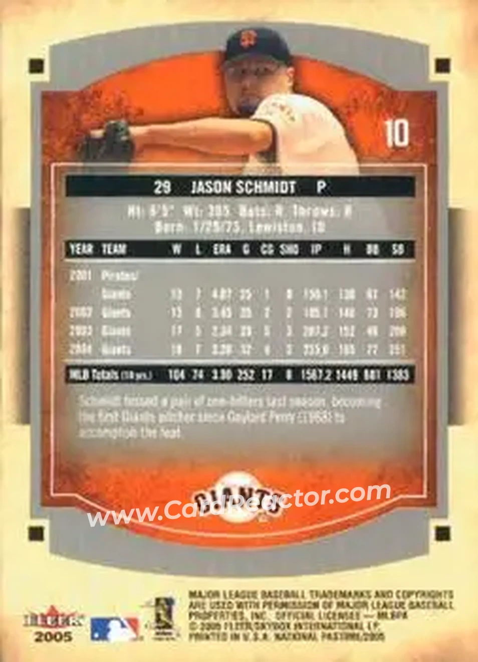 2005 Fleer National Pastime #10 - Jason Schmidt - San Francisco Giants - Back