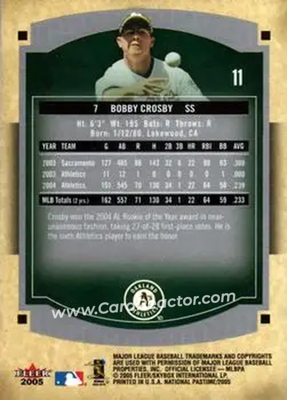 2005 Fleer National Pastime #11 - Bobby Crosby - Oakland Athletics - Back