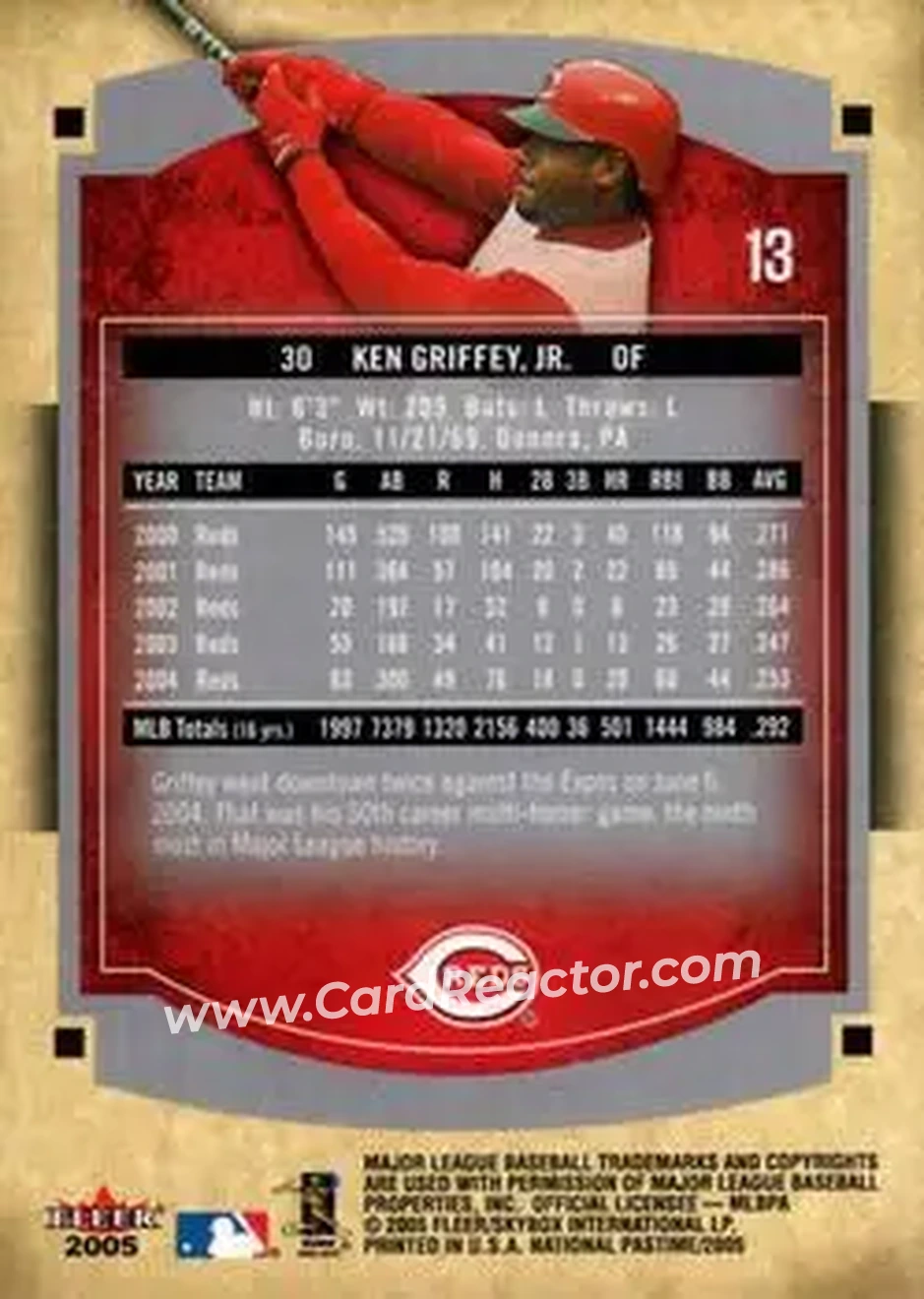 2005 Fleer National Pastime #13 - Ken Griffey Jr. - Cincinnati Reds - Back 2005 Fleer National Pastime #13 - Ken Griffey Jr. - Cincinnati Reds - Back
