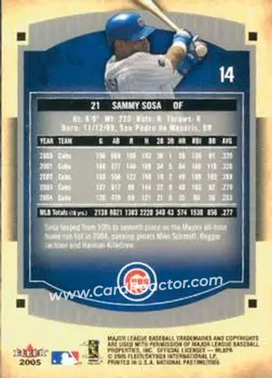 2005 Fleer National Pastime #14 - Sammy Sosa - Chicago Cubs - Back