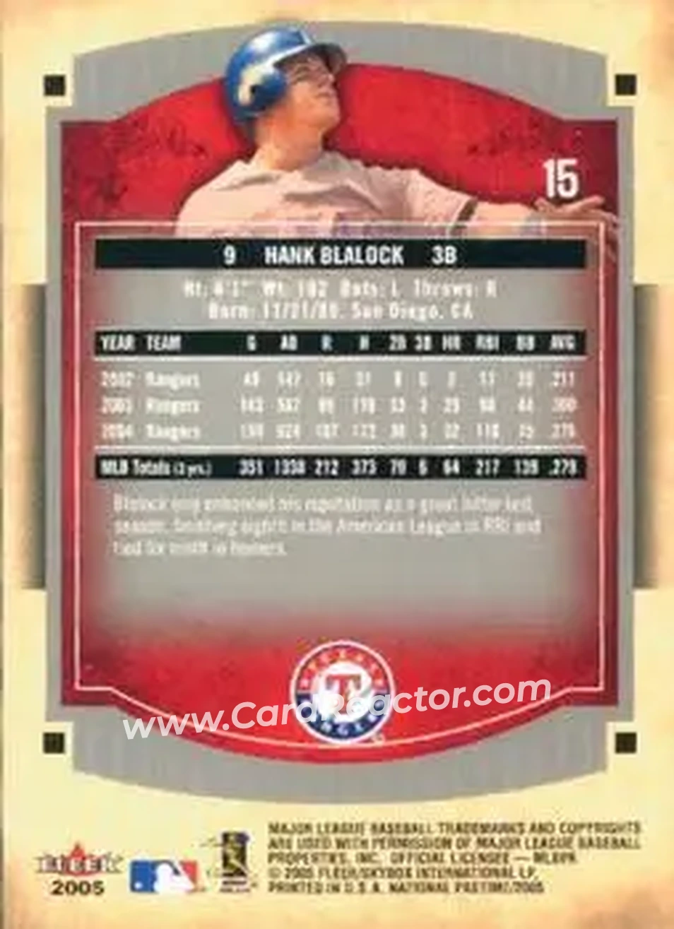 2005 Fleer National Pastime #15 - Hank Blalock - Texas Rangers - Back