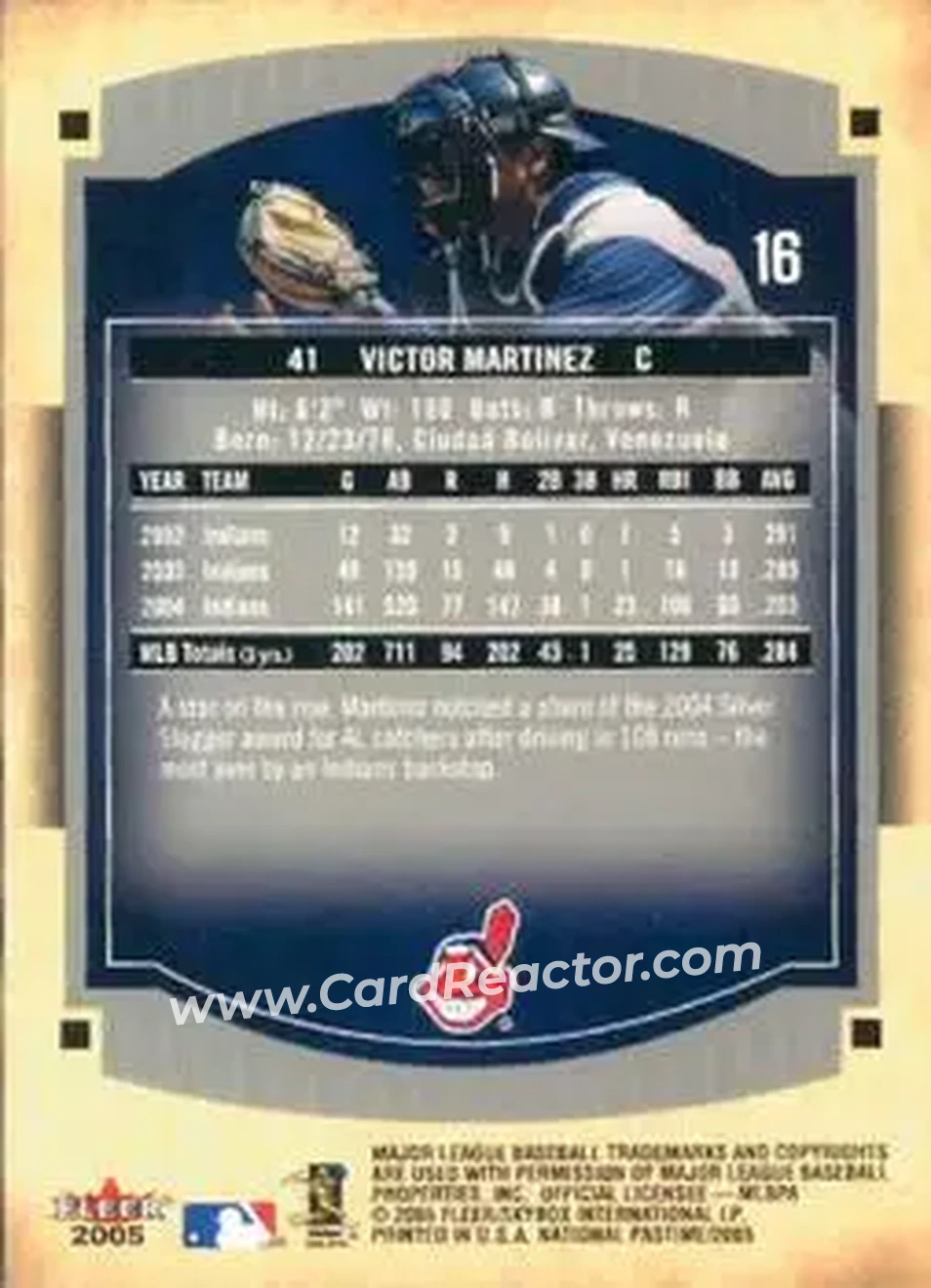 2005 Fleer National Pastime #16 - Victor Martinez - Cleveland Indians - Back
