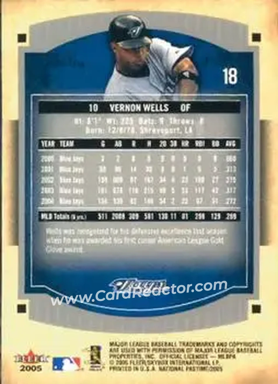 2005 Fleer National Pastime #18 - Vernon Wells - Toronto Blue Jays - Back