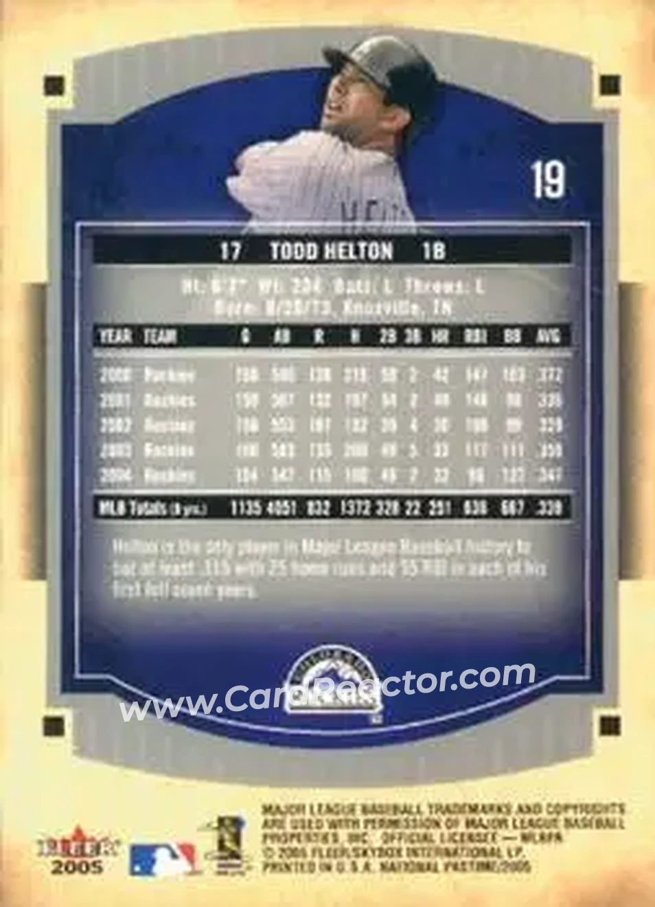 2005 Fleer National Pastime #19 - Todd Helton - Colorado Rockies - Back
