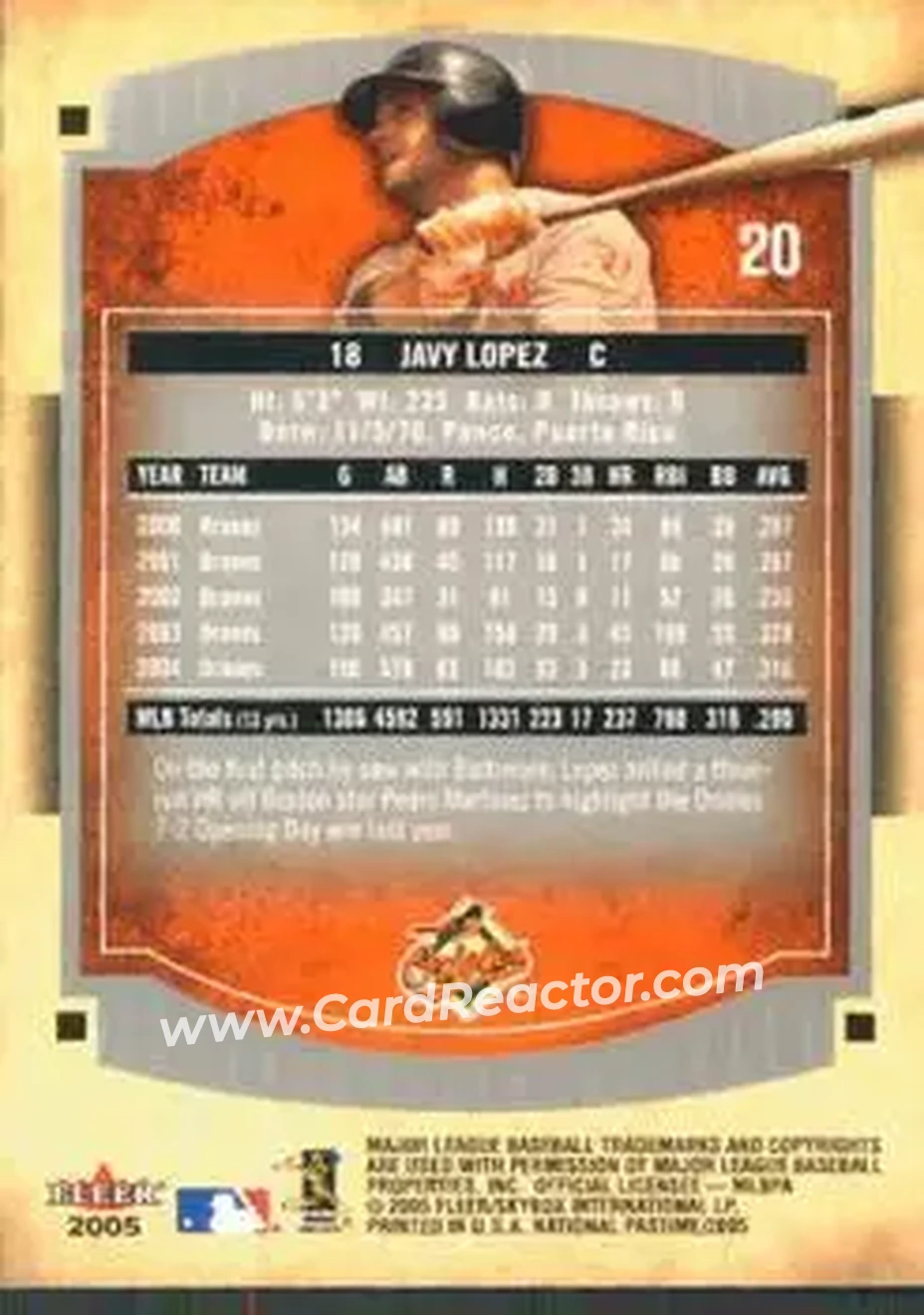 2005 Fleer National Pastime #20 - Javier Lopez - Baltimore Orioles - Back 2005 Fleer National Pastime #20 - Javier Lopez - Baltimore Orioles - Back