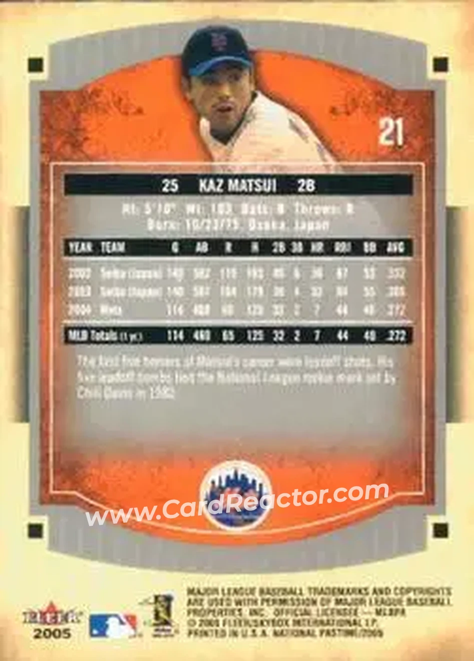 2005 Fleer National Pastime #21 - Kazuo Matsui - New York Mets - Back 2005 Fleer National Pastime #21 - Kazuo Matsui - New York Mets - Back