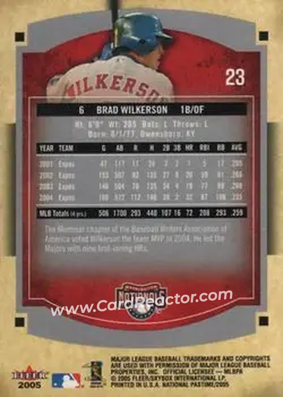2005 Fleer National Pastime #23 - Brad Wilkerson - Washington Nationals - Back