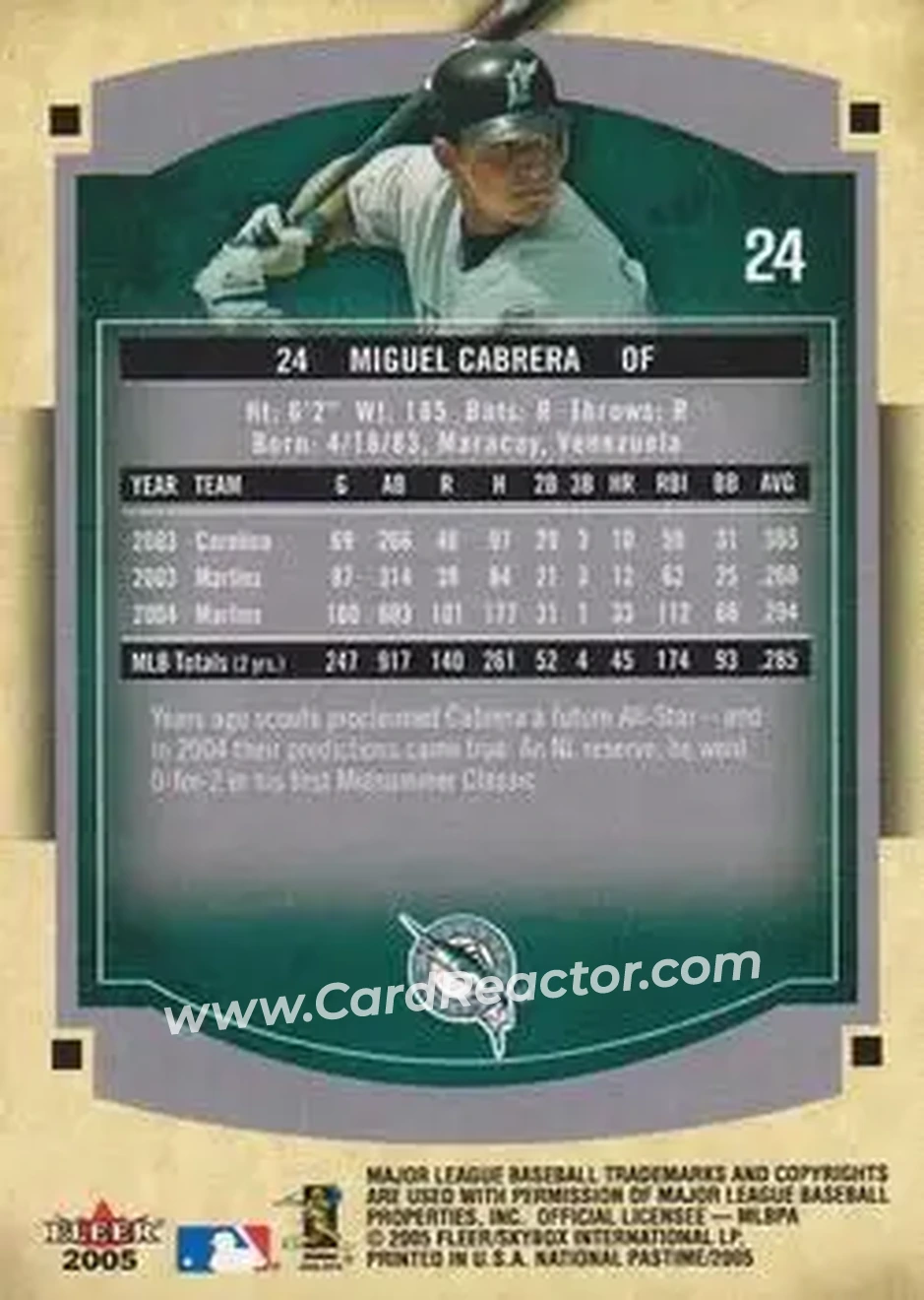 2005 Fleer National Pastime #24 - Miguel Cabrera - Florida Marlins - Back 2005 Fleer National Pastime #24 - Miguel Cabrera - Florida Marlins - Back