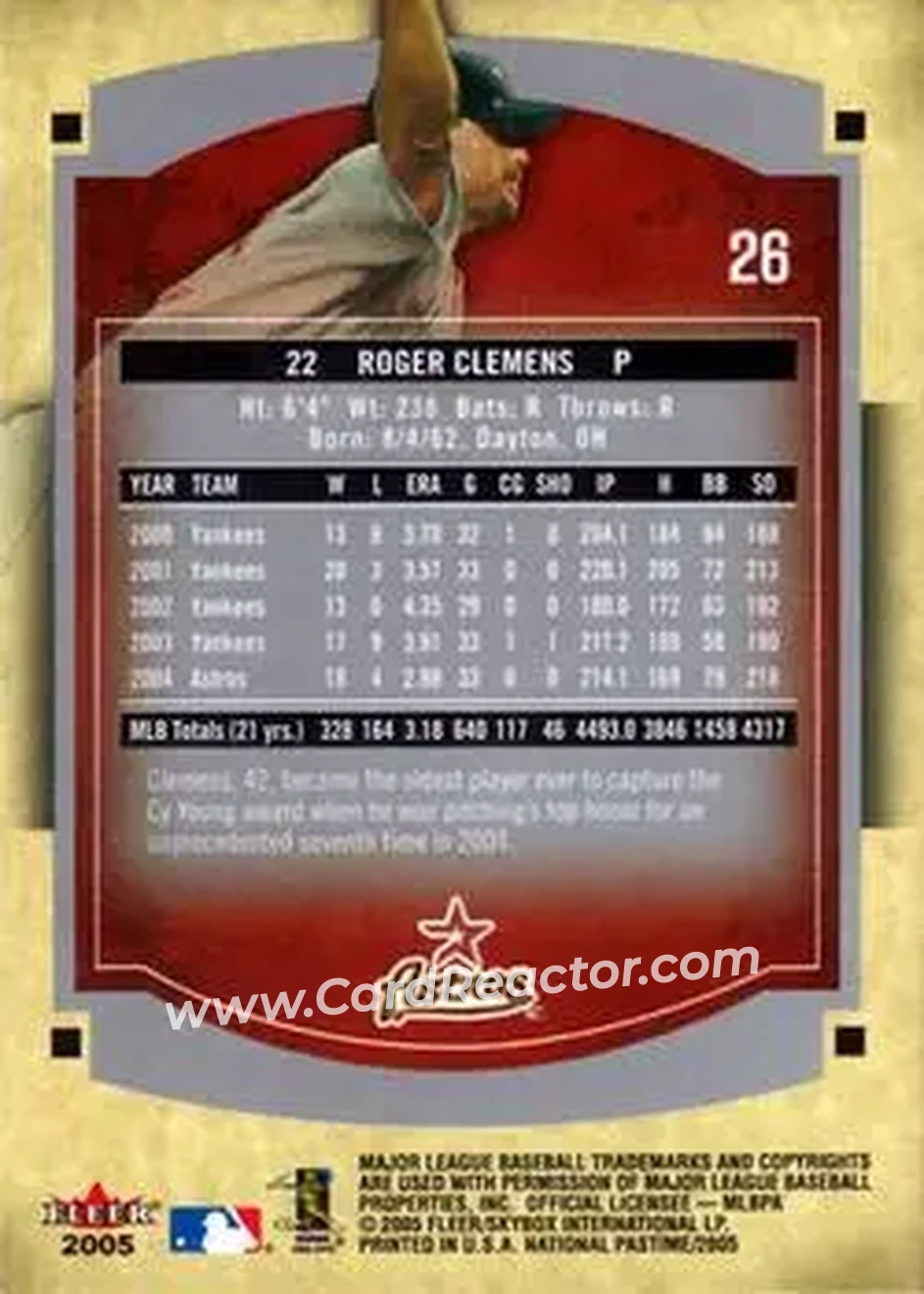 2005 Fleer National Pastime #26 - Roger Clemens - Houston Astros - Back
