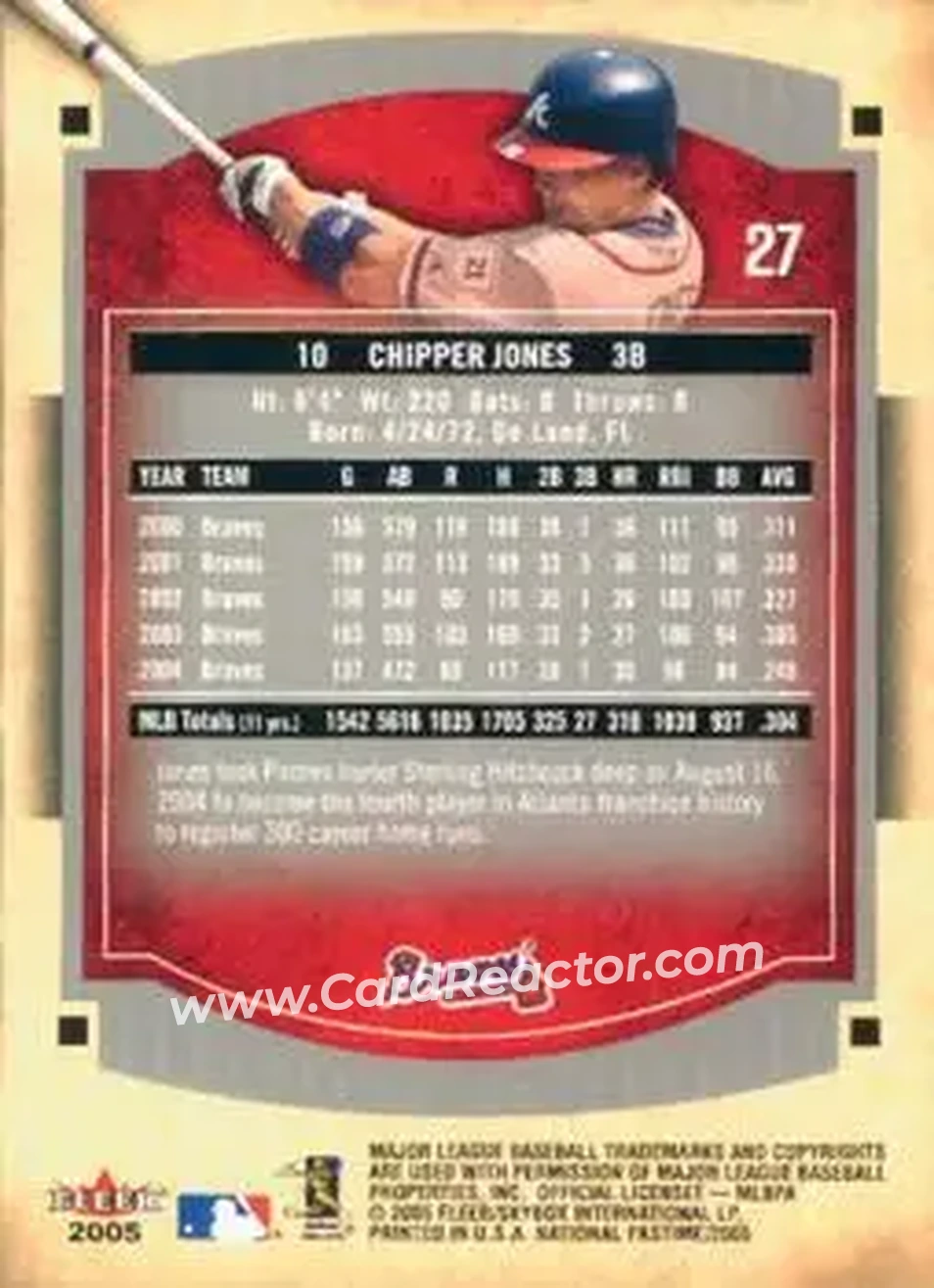2005 Fleer National Pastime #27 - Chipper Jones - Atlanta Braves - Back 2005 Fleer National Pastime #27 - Chipper Jones - Atlanta Braves - Back
