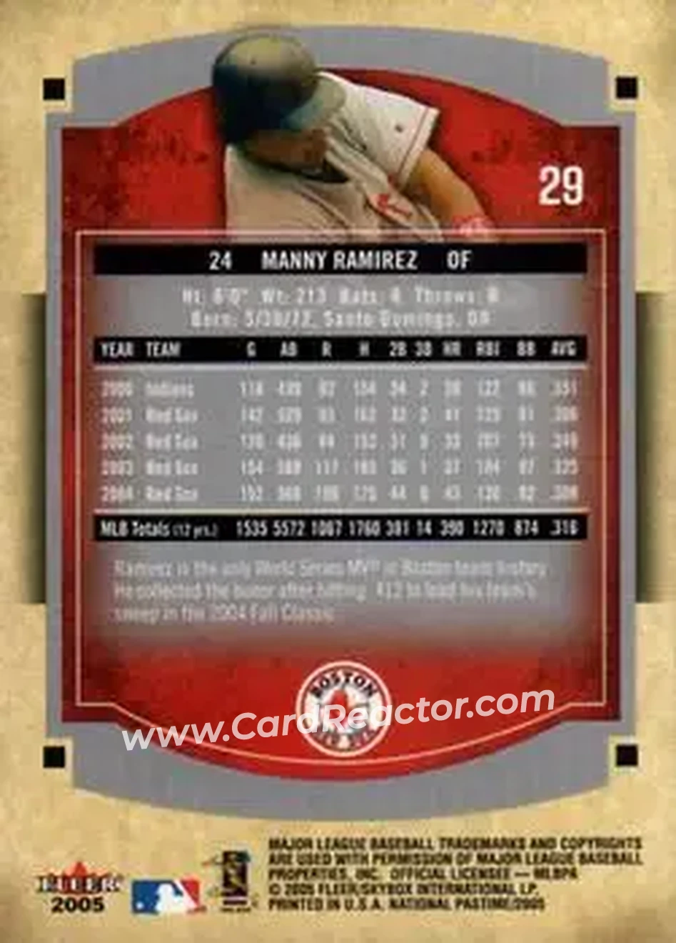 2005 Fleer National Pastime #29 - Manny Ramirez - Boston Red Sox - Back