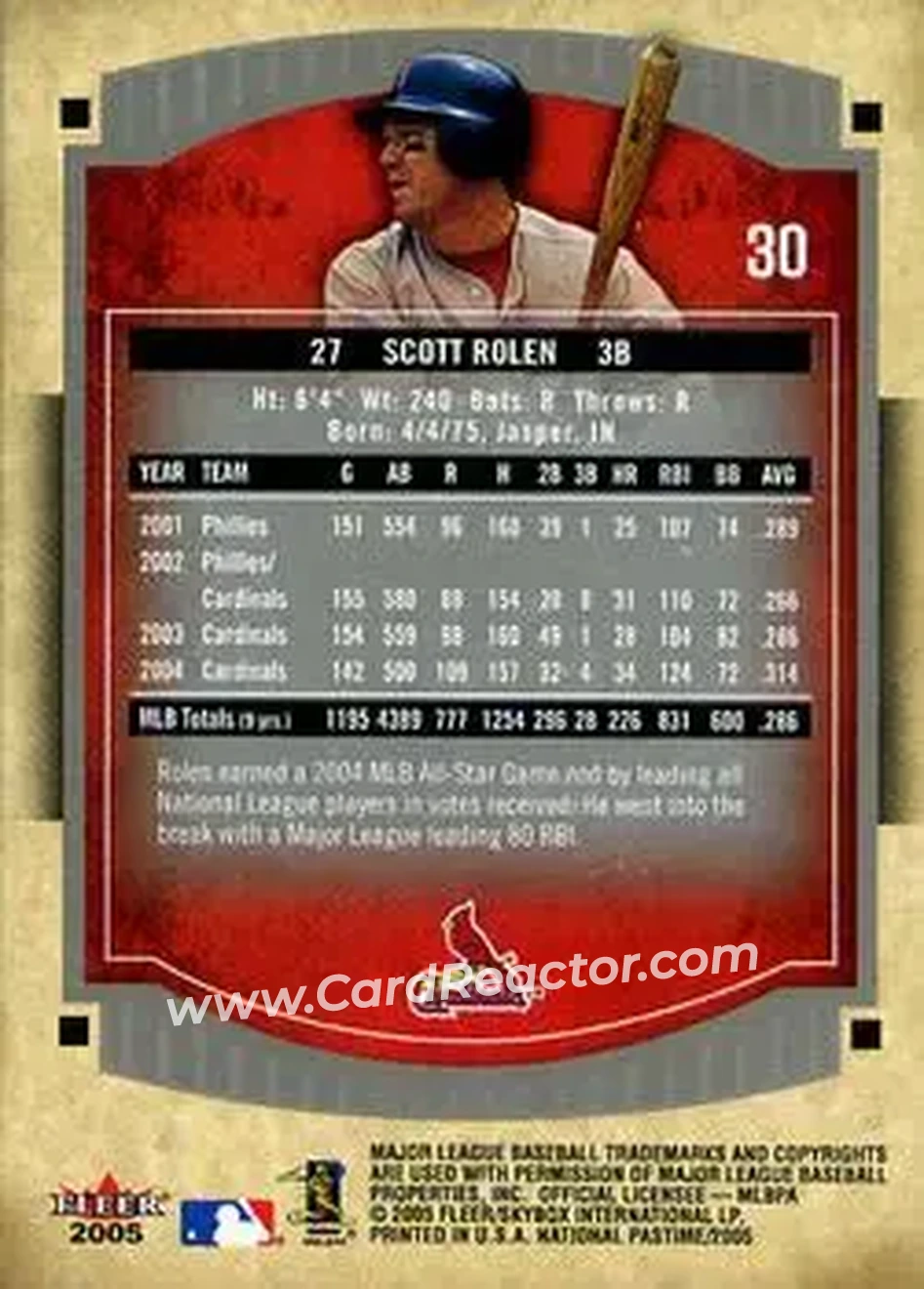 2005 Fleer National Pastime #30 - Scott Rolen - St. Louis Cardinals - Back