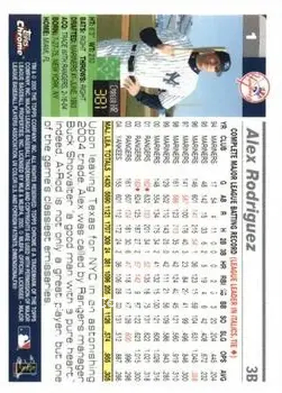 2005 Topps Chrome #1 - Alex Rodriguez - New York Yankees - Back
