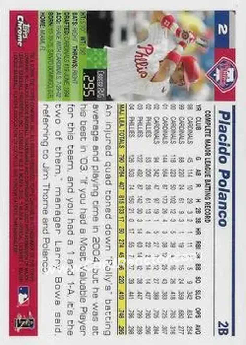 2005 Topps Chrome #2 - Placido Polanco - Philadelphia Phillies - Back