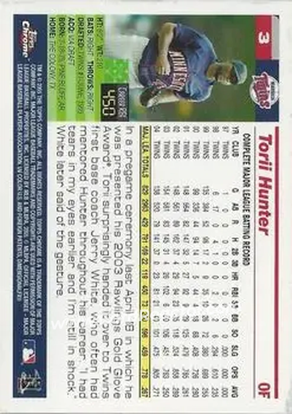 2005 Topps Chrome #3 - Torii Hunter - Minnesota Twins - Back