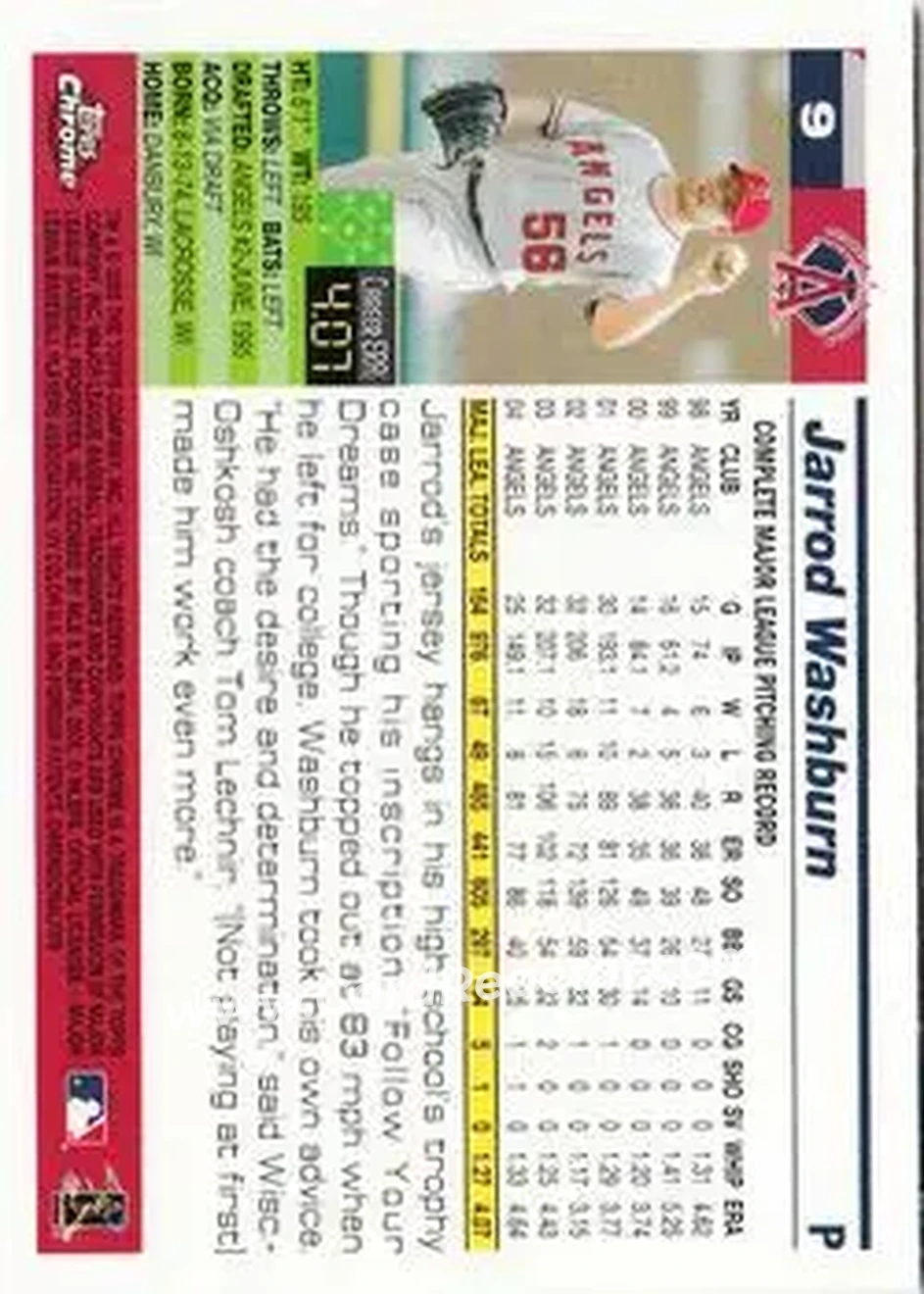 2005 Topps Chrome #9 - Jarrod Washburn - Los Angeles Angels - Back