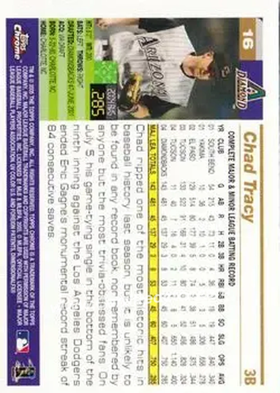 2005 Topps Chrome #16 - Chad Tracy - Arizona Diamondbacks - Back