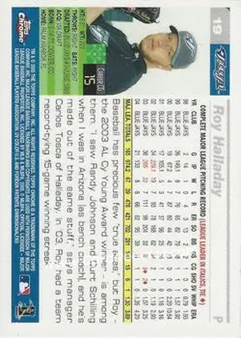 2005 Topps Chrome #19 - Roy Halladay - Toronto Blue Jays - Back