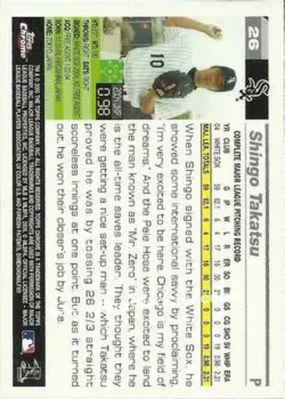 2005 Topps Chrome #26 - Shingo Takatsu - Chicago White Sox - Back