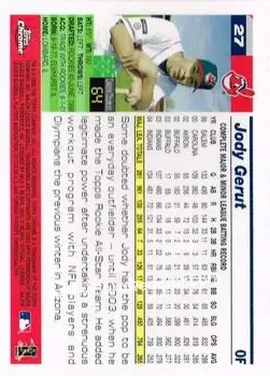2005 Topps Chrome #27 - Jody Gerut - Cleveland Indians - Back