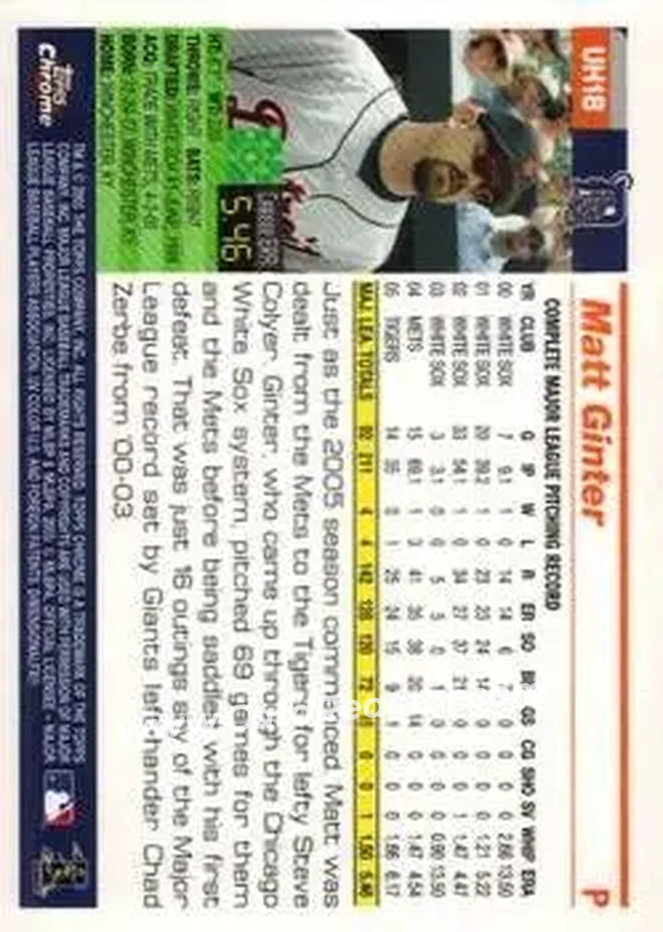 2005 Topps Chrome Updates & Highlights #UH18 - Matt Ginter - Detroit Tigers - Back