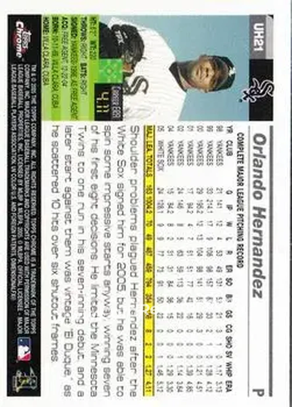 2005 Topps Chrome Updates & Highlights #UH21 - Orlando Hernandez - Chicago White Sox - Back