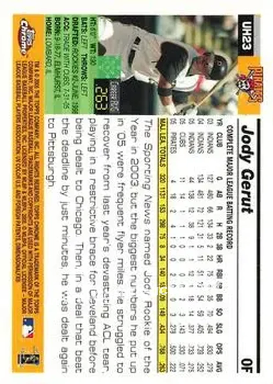 2005 Topps Chrome Updates & Highlights #UH23 - Jody Gerut - Pittsburgh Pirates - Back