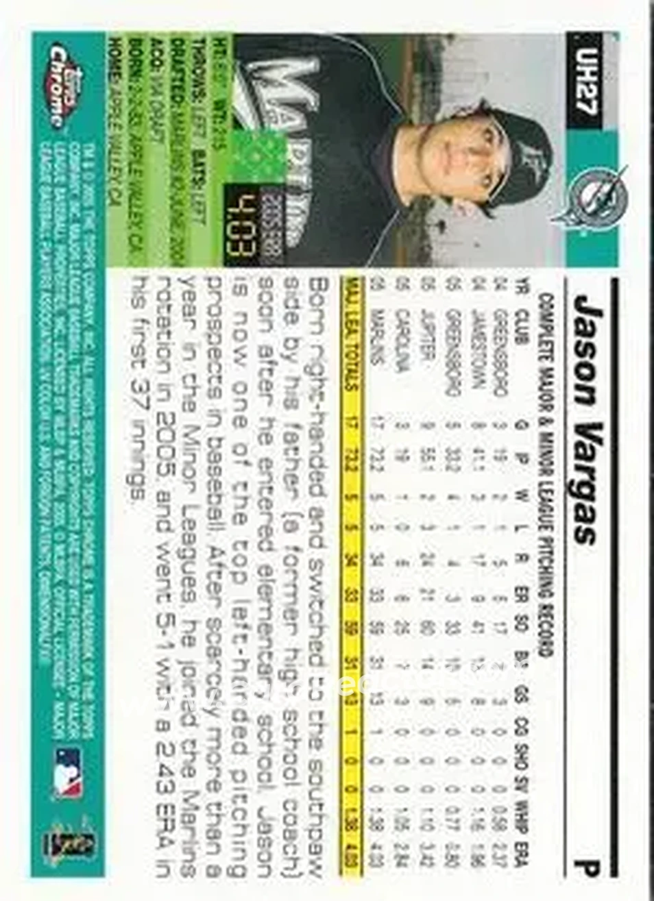 2005 Topps Chrome Updates & Highlights #UH27 - Jason Vargas - Florida Marlins - Back