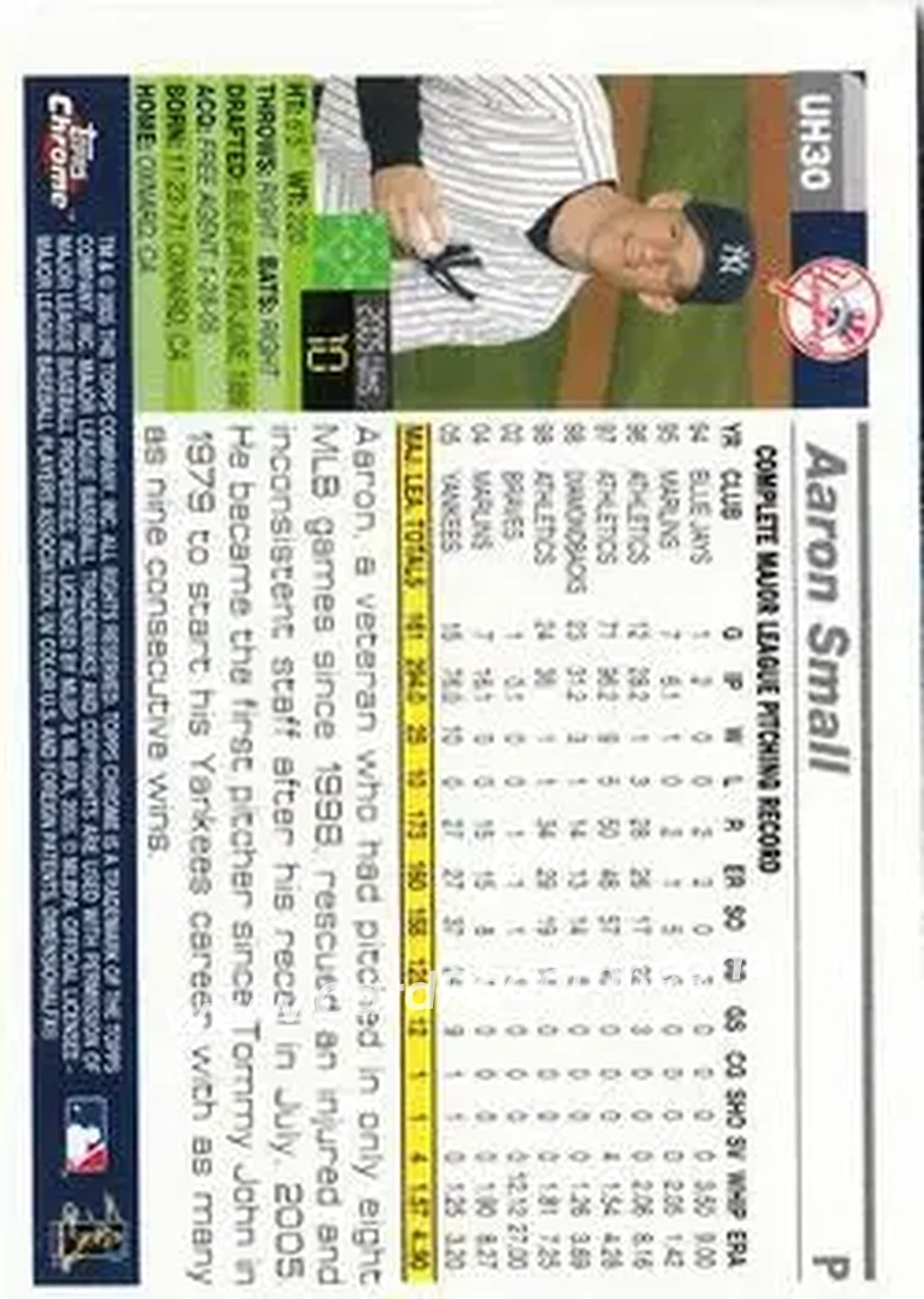2005 Topps Chrome Updates & Highlights #UH30 - Aaron Small - New York Yankees - Back