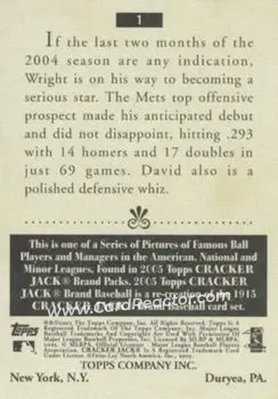 2005 Topps Cracker Jack #1 - David Wright - New York Mets - Back 2005 Topps Cracker Jack #1 - David Wright - New York Mets - Back