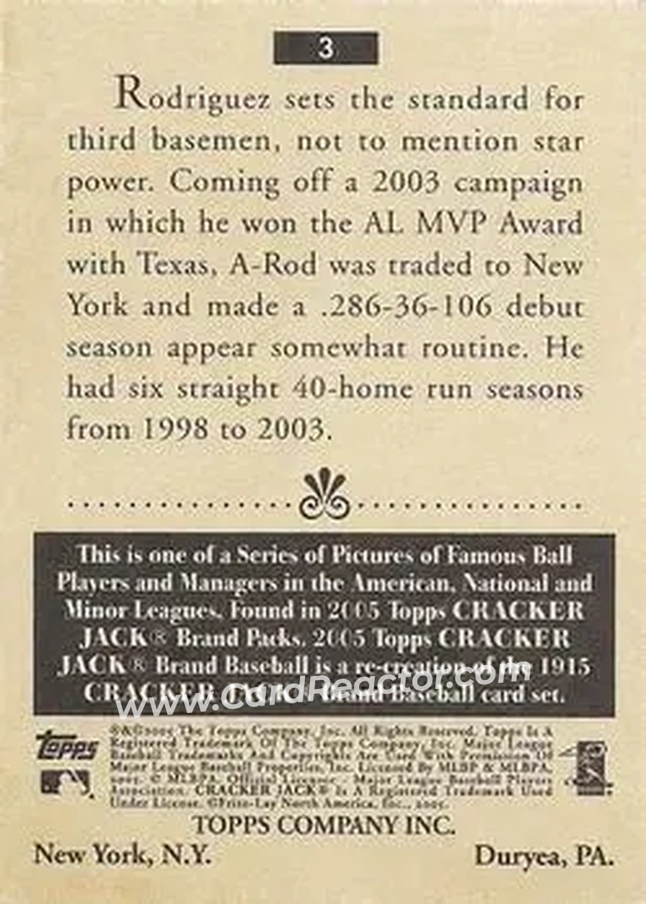 2005 Topps Cracker Jack #3a - Alex Rodriguez - New York Yankees - Back