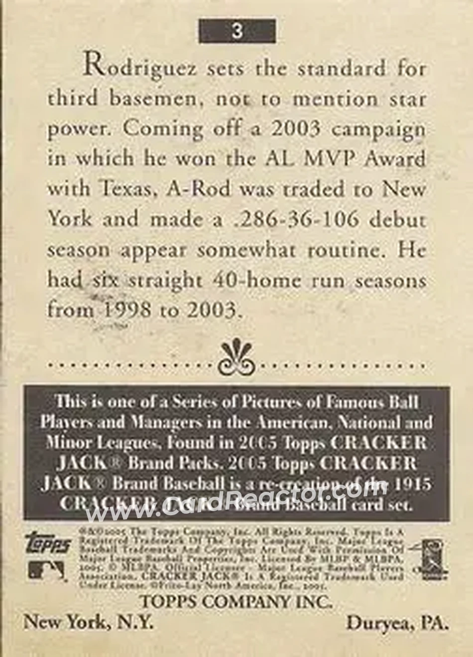 2005 Topps Cracker Jack #3b - Alex Rodriguez - New York Yankees - Back 2005 Topps Cracker Jack #3b - Alex Rodriguez - New York Yankees - Back