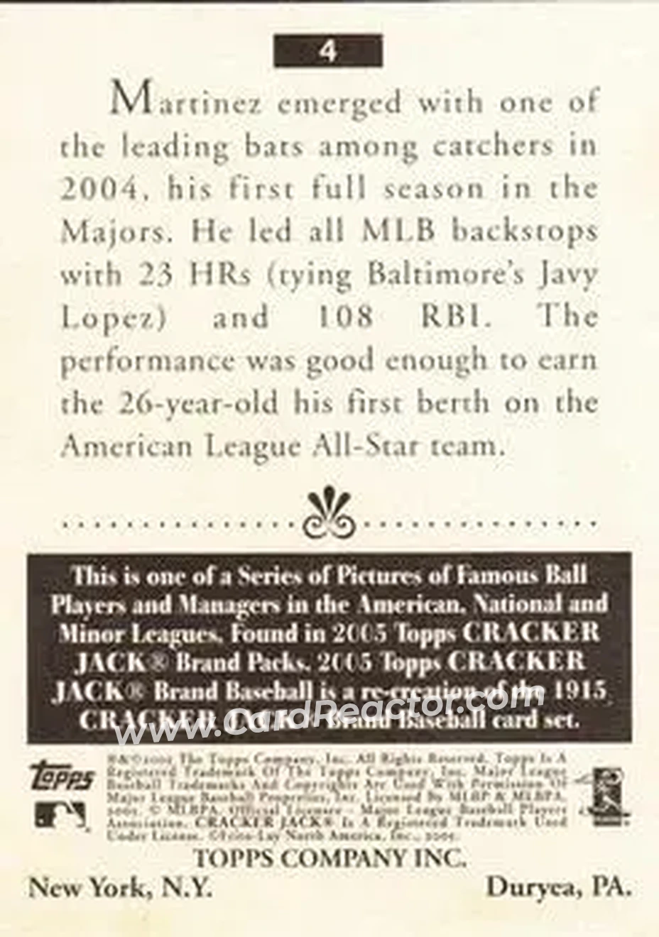 2005 Topps Cracker Jack #4 - Victor Martinez - Cleveland Indians - Back 2005 Topps Cracker Jack #4 - Victor Martinez - Cleveland Indians - Back