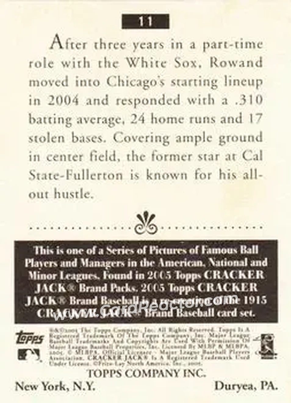 2005 Topps Cracker Jack #11 - Aaron Rowand - Chicago White Sox - Back 2005 Topps Cracker Jack #11 - Aaron Rowand - Chicago White Sox - Back