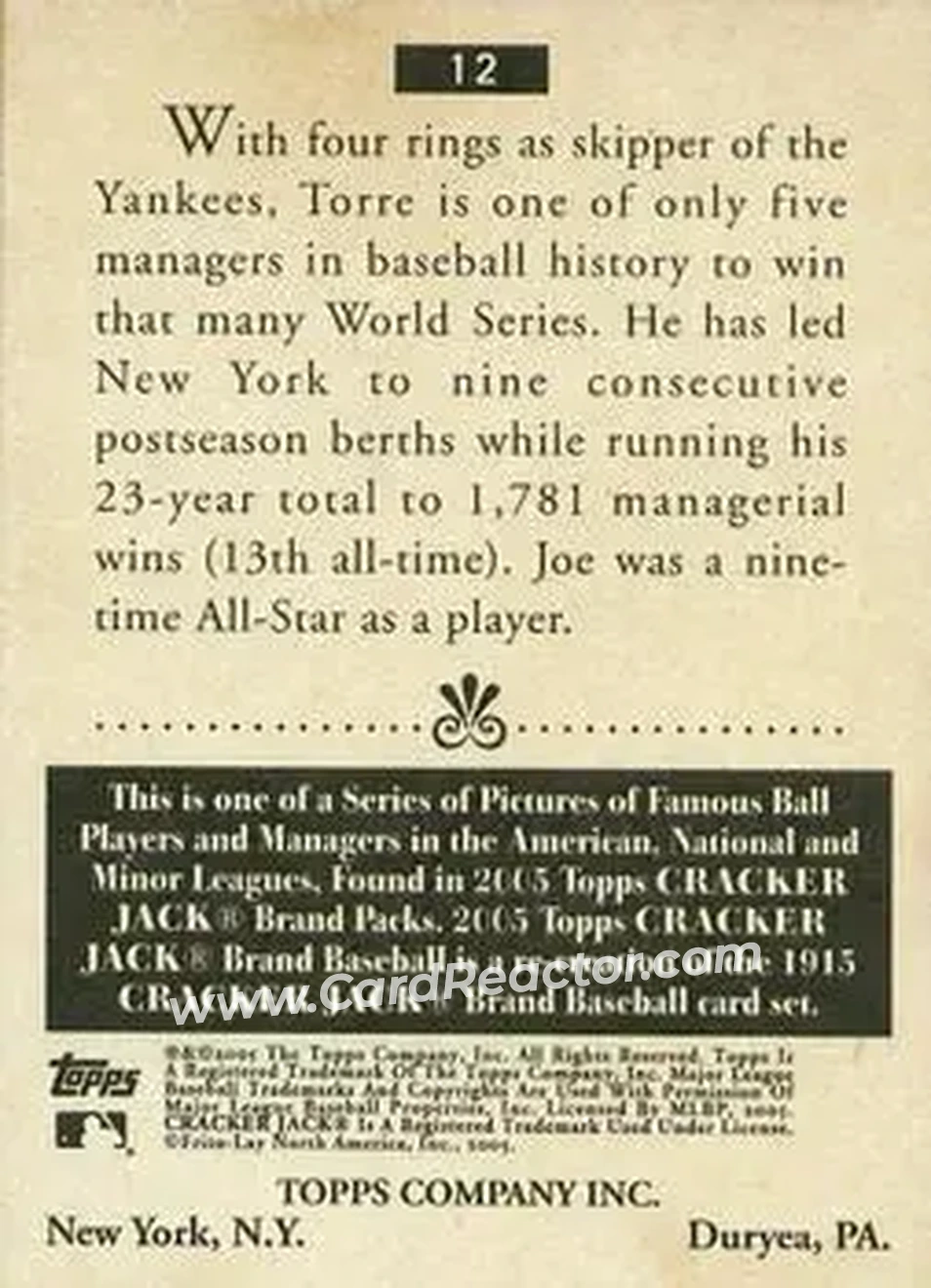 2005 Topps Cracker Jack #12 - Joe Torre - New York Yankees - Back 2005 Topps Cracker Jack #12 - Joe Torre - New York Yankees - Back