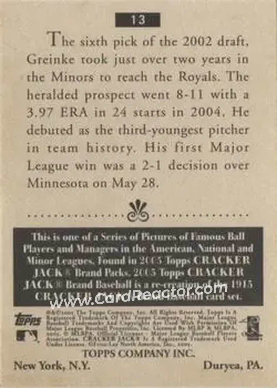 2005 Topps Cracker Jack #13 - Zack Greinke - Kansas City Royals - Back 2005 Topps Cracker Jack #13 - Zack Greinke - Kansas City Royals - Back