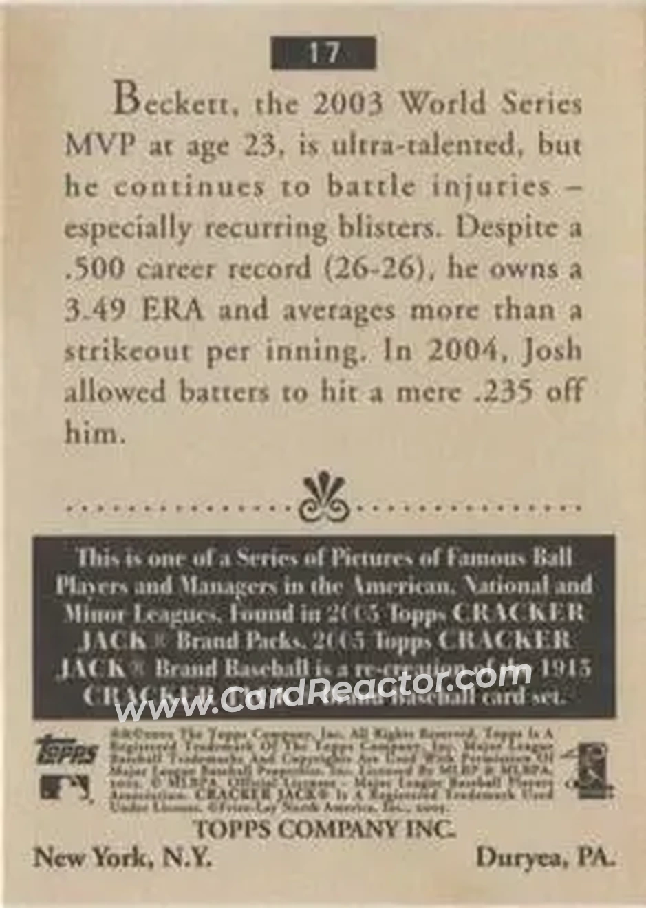 2005 Topps Cracker Jack #17 - Josh Beckett - Florida Marlins - Back