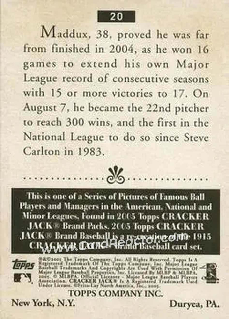 2005 Topps Cracker Jack #20 - Greg Maddux - Chicago Cubs - Back 2005 Topps Cracker Jack #20 - Greg Maddux - Chicago Cubs - Back