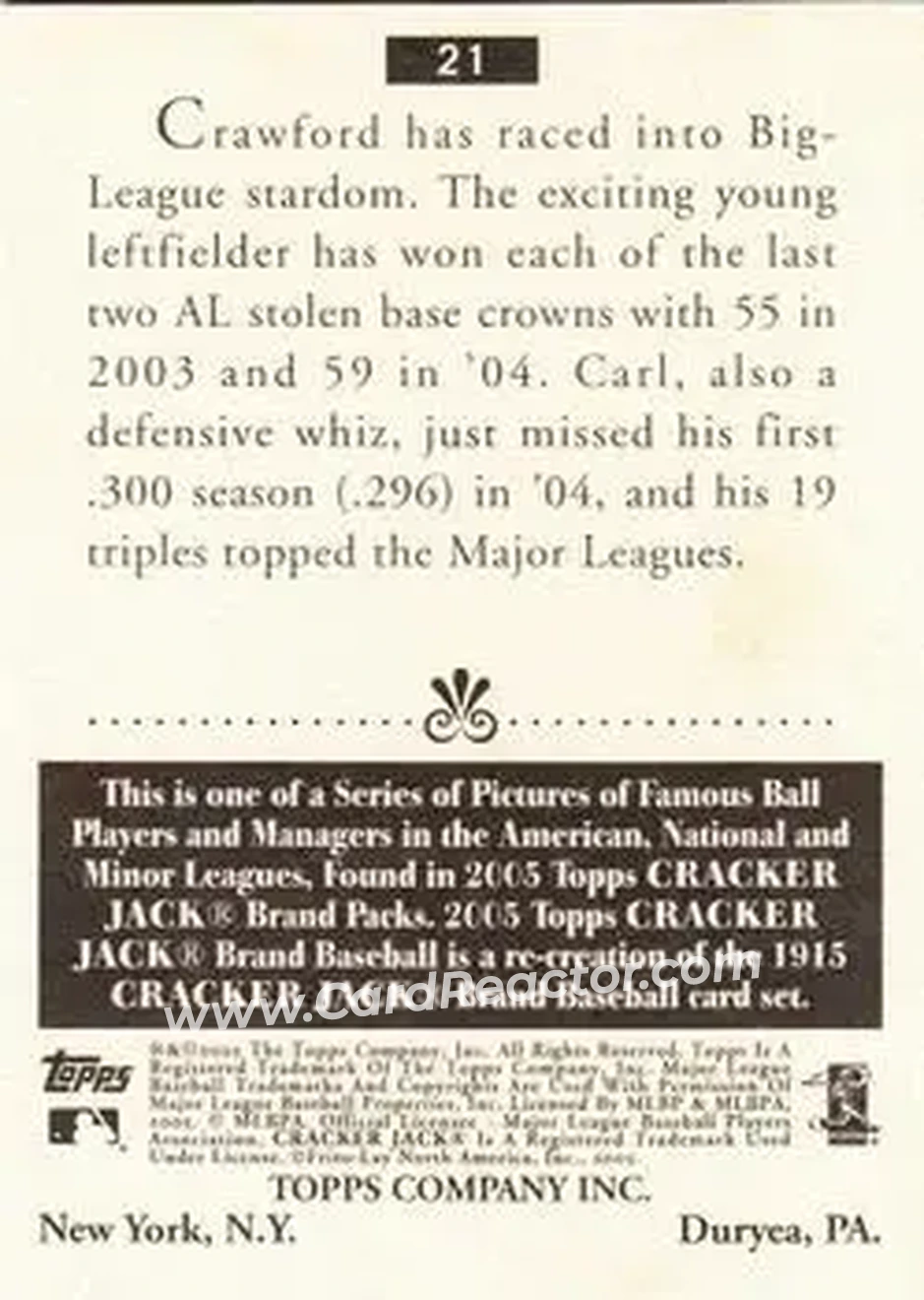 2005 Topps Cracker Jack #21 - Carl Crawford - Tampa Bay Devil Rays - Back