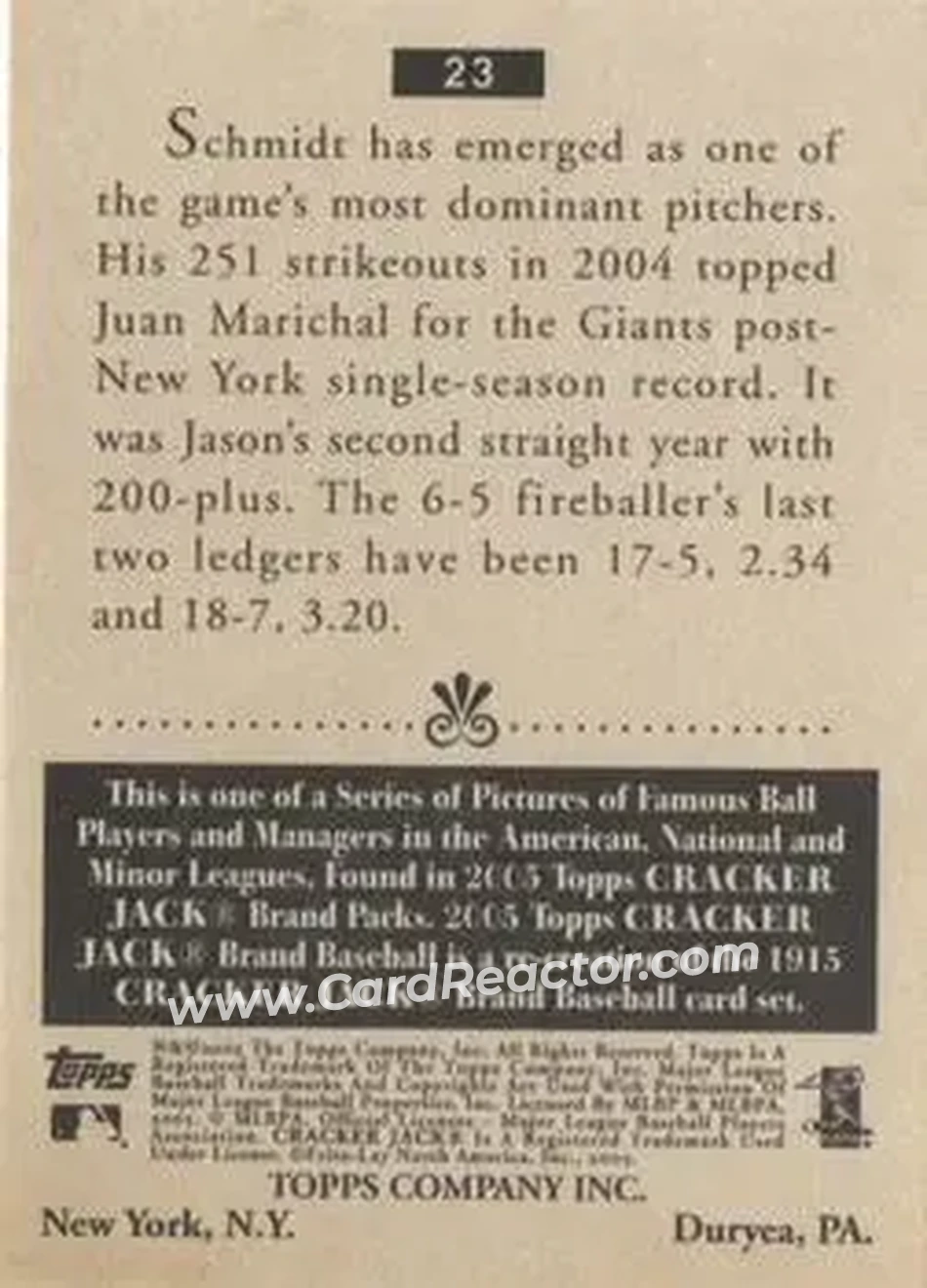 2005 Topps Cracker Jack #23 - Jason Schmidt - San Francisco Giants - Back