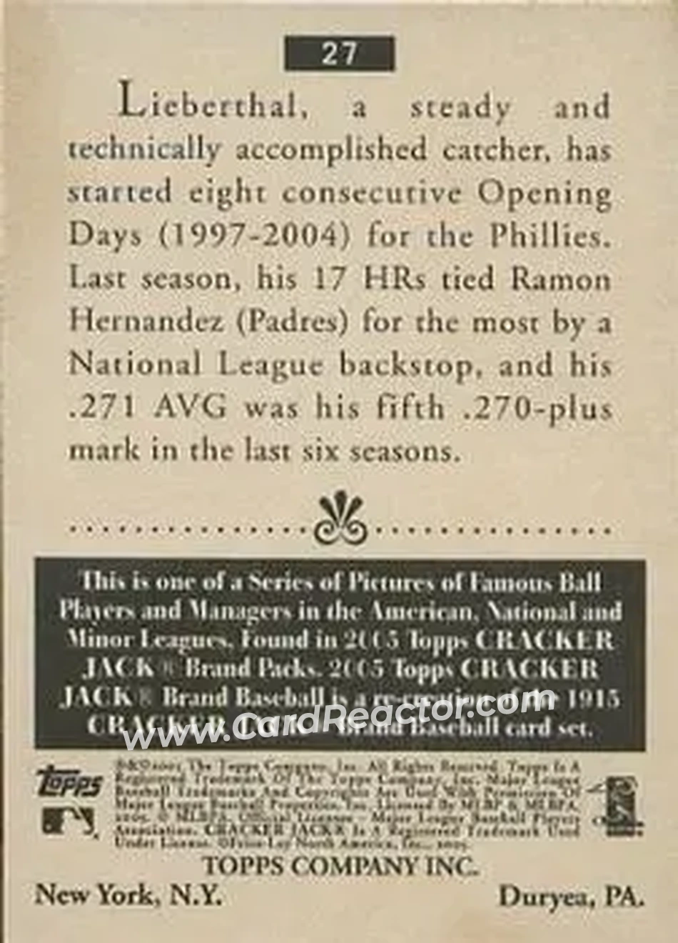 2005 Topps Cracker Jack #27 - Mike Lieberthal - Philadelphia Phillies - Back