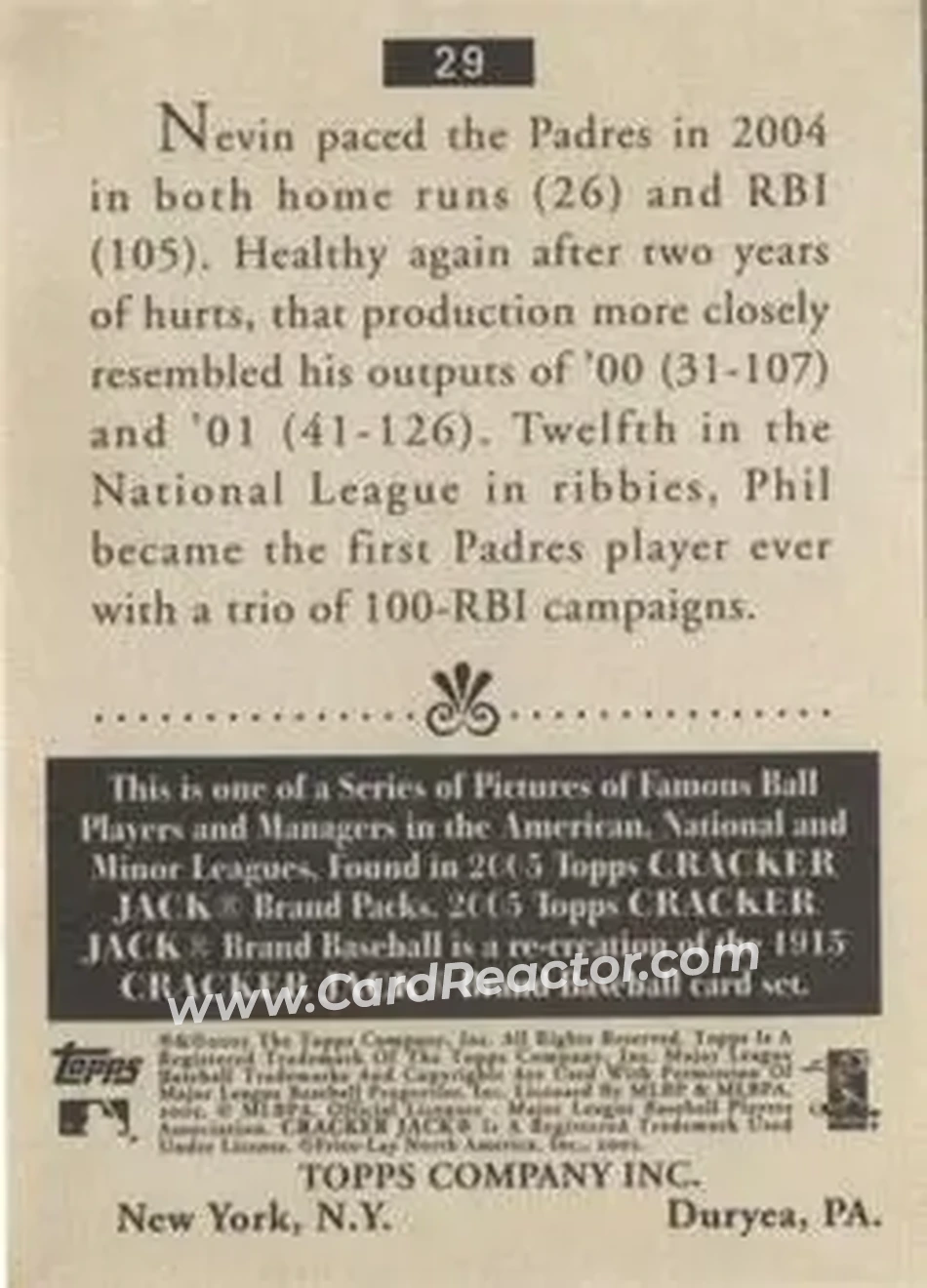 2005 Topps Cracker Jack #29 - Phil Nevin - San Diego Padres - Back 2005 Topps Cracker Jack #29 - Phil Nevin - San Diego Padres - Back