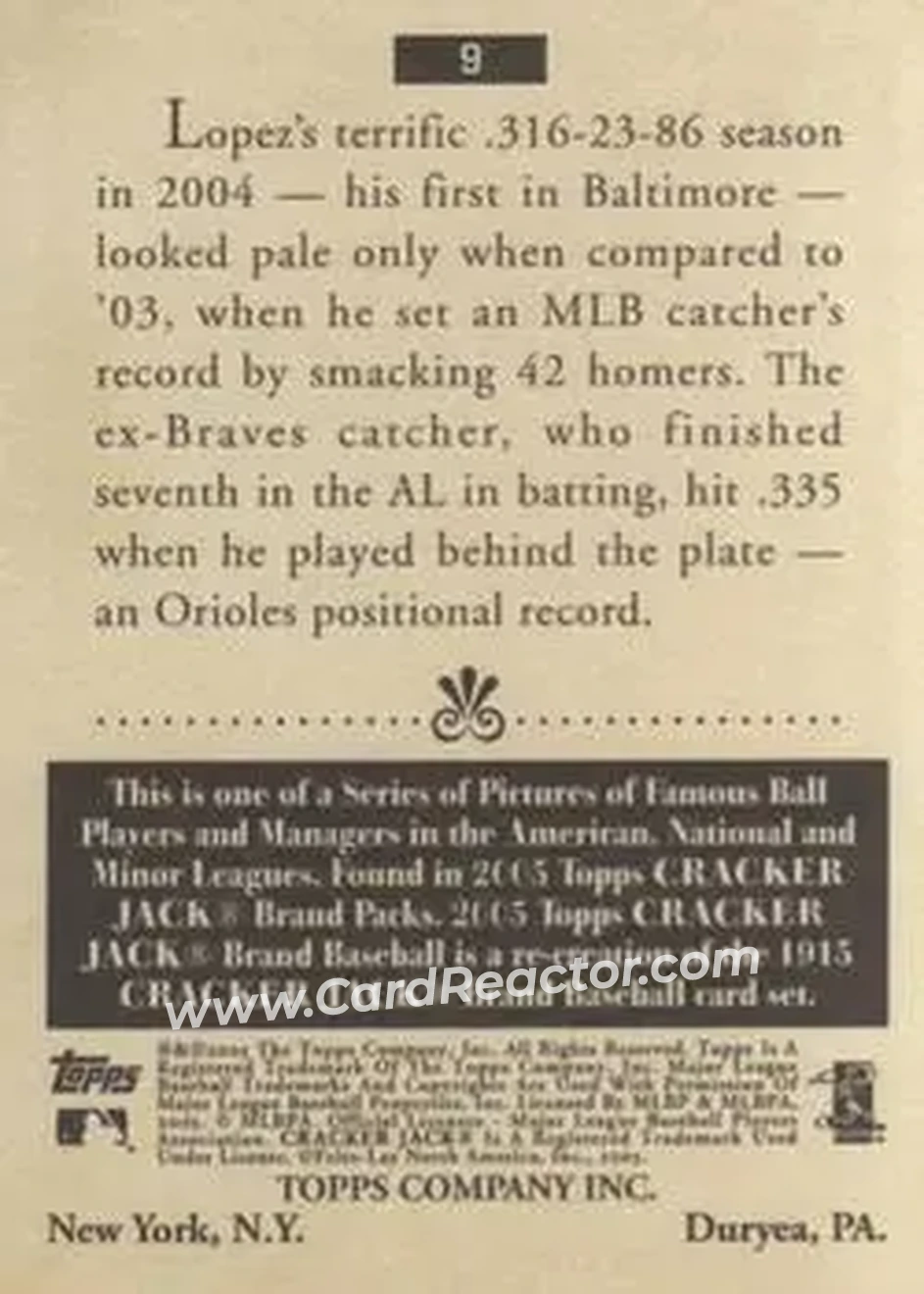 2005 Topps Cracker Jack #9 - Javier Lopez - Baltimore Orioles - Back