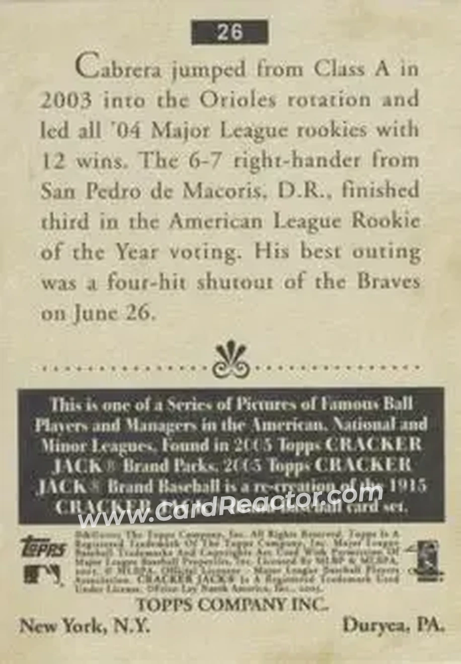 2005 Topps Cracker Jack #26 - Daniel Cabrera - Baltimore Orioles - Back 2005 Topps Cracker Jack #26 - Daniel Cabrera - Baltimore Orioles - Back