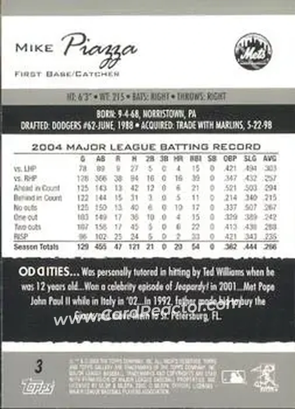 2005 Topps Gallery #3 - Mike Piazza - New York Mets - Back 2005 Topps Gallery #3 - Mike Piazza - New York Mets - Back