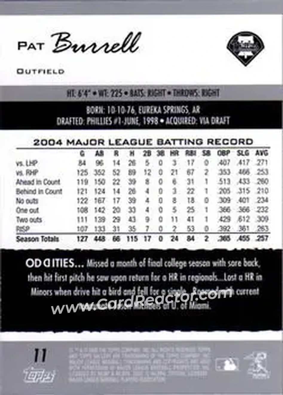 2005 Topps Gallery #11 - Pat Burrell - Philadelphia Phillies - Back