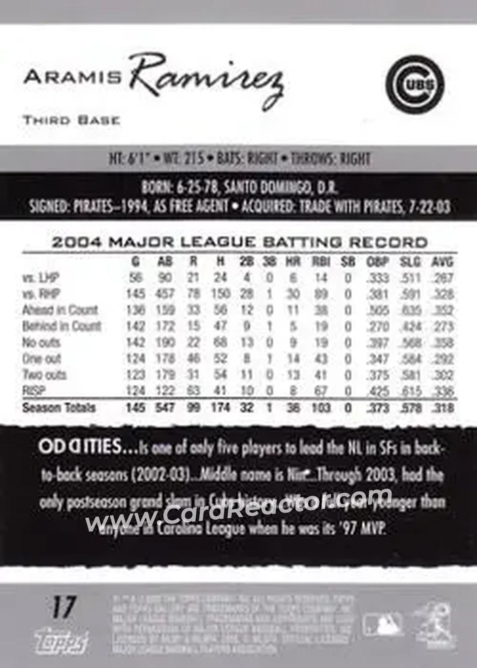 2005 Topps Gallery #17 - Aramis Ramirez - Chicago Cubs - Back