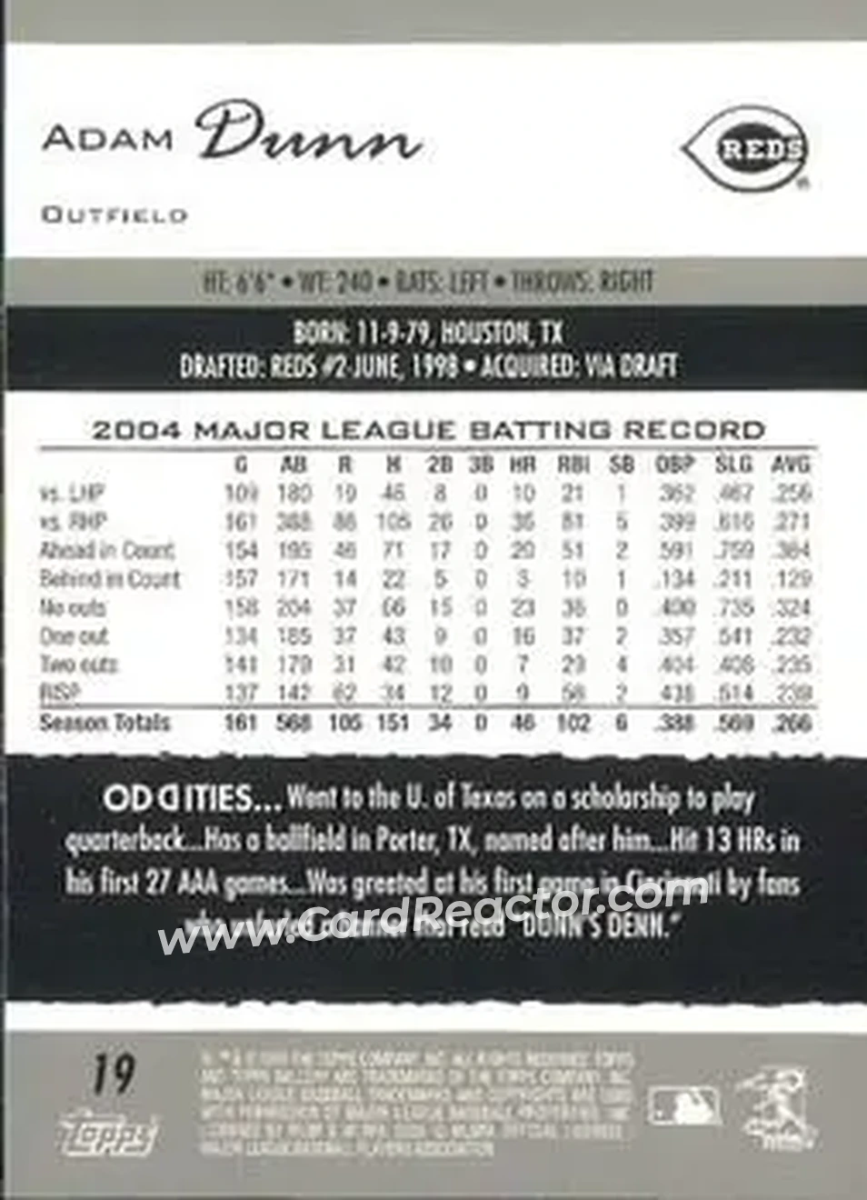2005 Topps Gallery #19 - Adam Dunn - Cincinnati Reds - Back