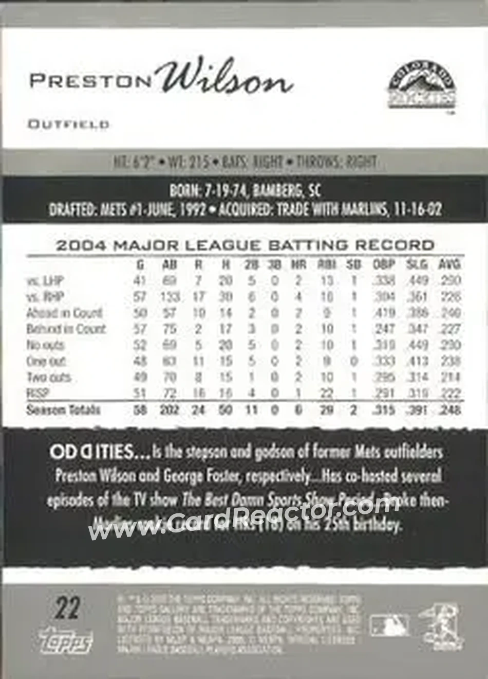 2005 Topps Gallery #22 - Preston Wilson - Colorado Rockies - Back